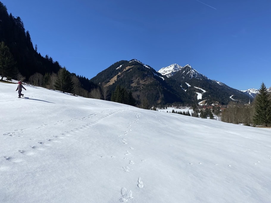 Kind läuft über Wiese und Berge im Hintergrund am Wasserfall in Bichlbach Tirol