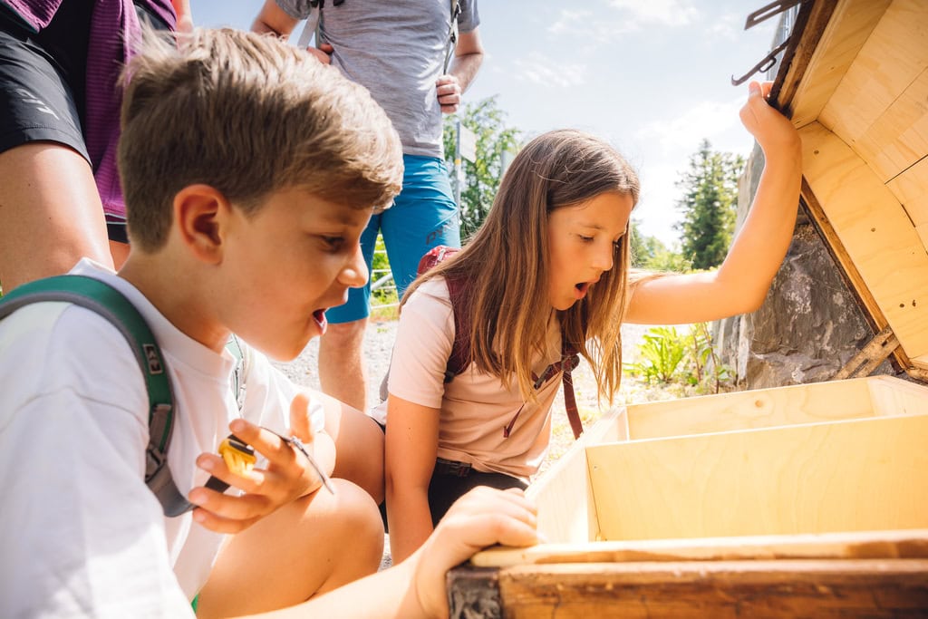 Die Kinder blicken gespannt in die Schatztruhe des Erlebniswegs Karrengold.